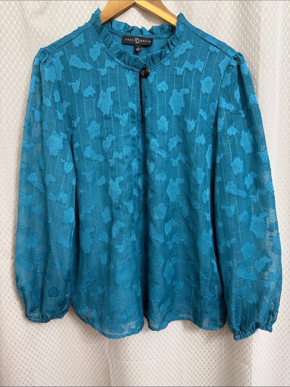 Fred David Teal Sheer Floral Jacquard Round-Neck Blouse